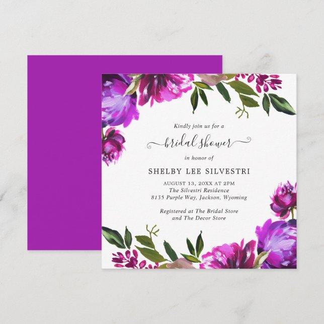Vibrant Purple Floral Elegant Bridal Shower Invitation (Front/Back)