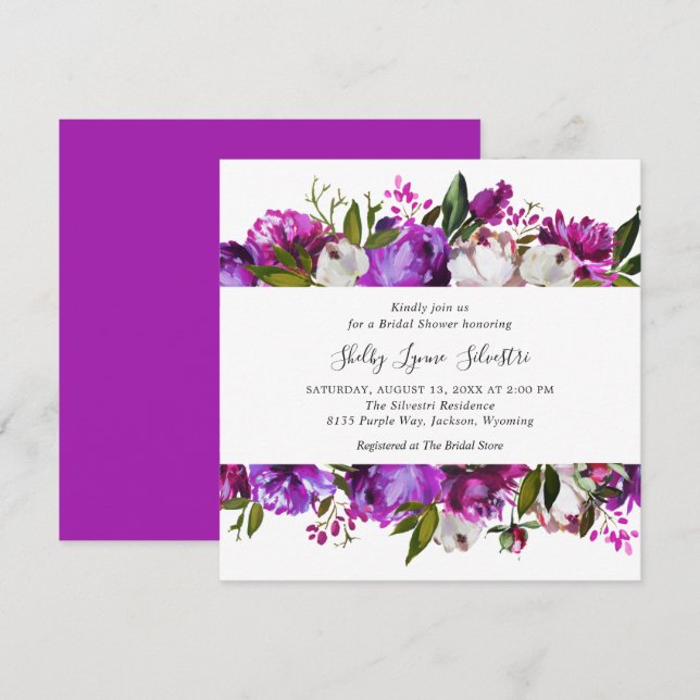 Vibrant Purple Floral Elegant Bridal Shower Invitation (Front/Back)