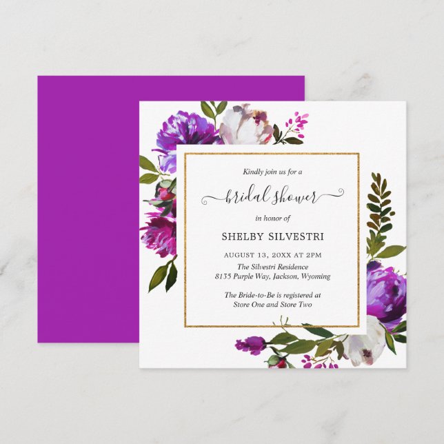 Vibrant Purple Floral Elegant Bridal Shower Invitation (Front/Back)