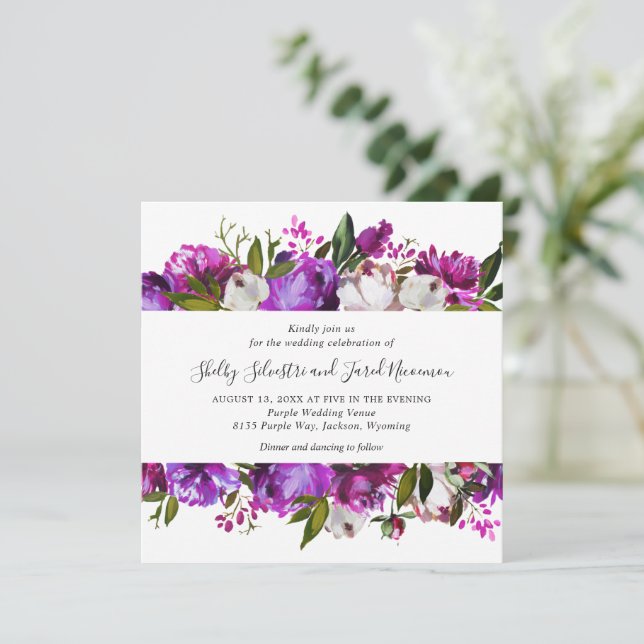Vibrant Purple Floral Elegant Wedding Invitation (Standing Front)