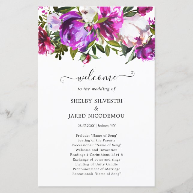Vibrant Purple Floral Elegant Wedding Program (Front)