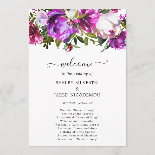 Vibrant Purple Floral Elegant Wedding Programme (Front)