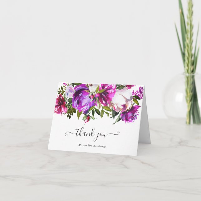 Vibrant Purple Floral Elegant Wedding Thank You Card (Front)