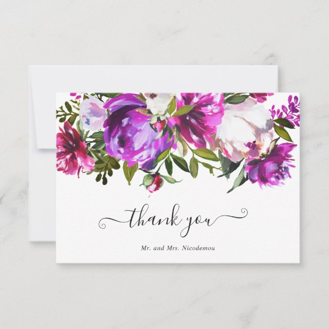 Vibrant Purple Floral Elegant Wedding Thank You Card (Front)