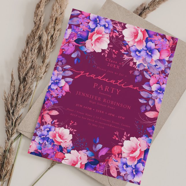 Vibrant Purple Floral Graduation Party Magenta  Invitation (Vibrant Purple Floral Graduation Party Magenta Invitation)