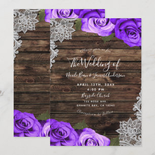Vibrant Purple Floral Roses Wood Lace Wedding Invitation