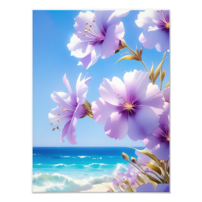 Vibrant Purple Flowers against the Ocean Waves Photo Print (Front)