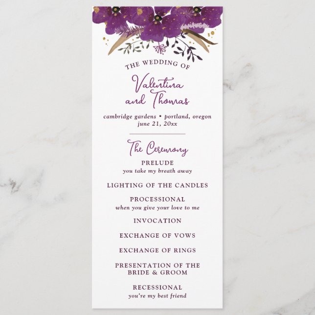 Vibrant Purple Flowers and Gold Glitter Wedding Programme (Front)