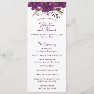 Vibrant Purple Flowers and Gold Glitter Wedding Programme