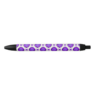 Vibrant Purple Flowers and Leaf Motifs Black Ink Pen