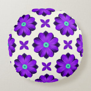 Vibrant Purple Flowers and Leaf Motifs Round Cushion