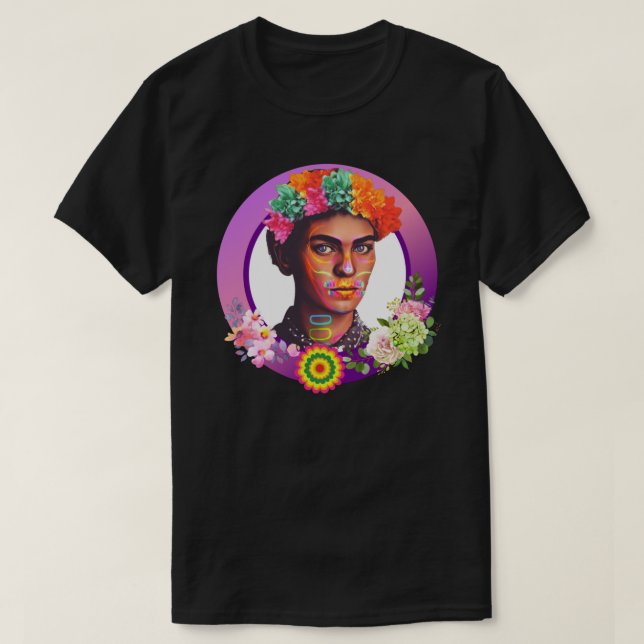 Vibrant Purple Frida Kahlo Portrait with Flowers T-Shirt (Design Front)