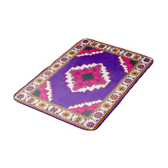 Vibrant Purple Geometric Boho Folk Art Pattern Bath Mat (Angled)