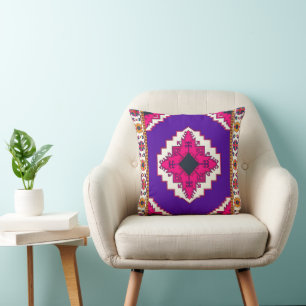 Vibrant Purple Geometric Boho Folk Art Pattern Cushion