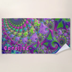 Vibrant purple green pink mandala fractal beach towel