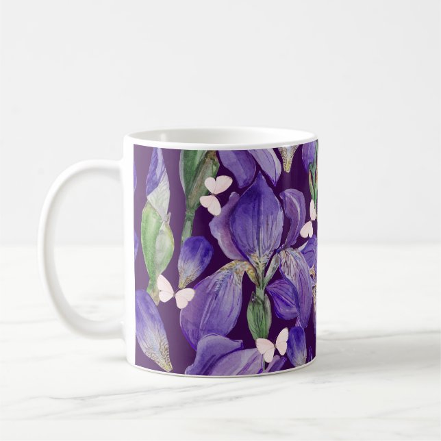 Vibrant Purple Iris Flowers and Butterflies   Coffee Mug (Left)