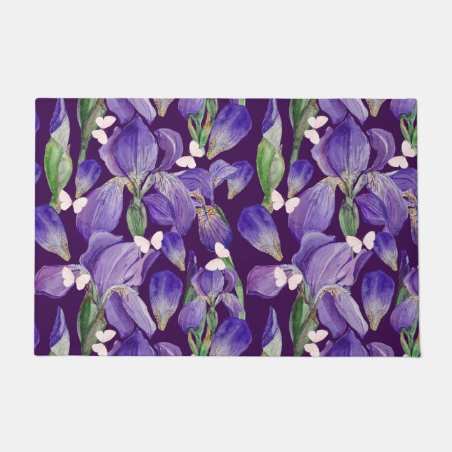 Vibrant Purple Iris Flowers and Butterflies   Doormat (Front)