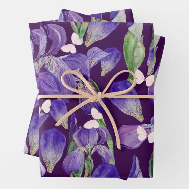 Vibrant Purple Iris Flowers and Butterflies  Wrapping Paper Sheet (In situ)