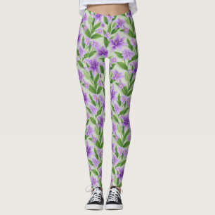 Vibrant Purple Lilies With Green Leaves Leggings