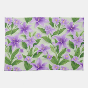 Vibrant Purple Lilies With Green Leaves Tea Towel