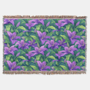 Vibrant Purple Lilies With Green Leaves Throw Blanket