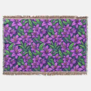 Vibrant Purple Lilies With Green Leaves Throw Blanket