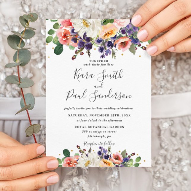 Vibrant Purple Orange Peach Blush Floral Wedding Invitation (Creator Uploaded)