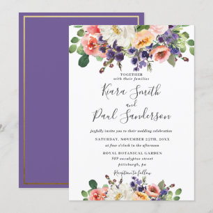 Vibrant Purple Orange Peach Blush Floral Wedding Invitation