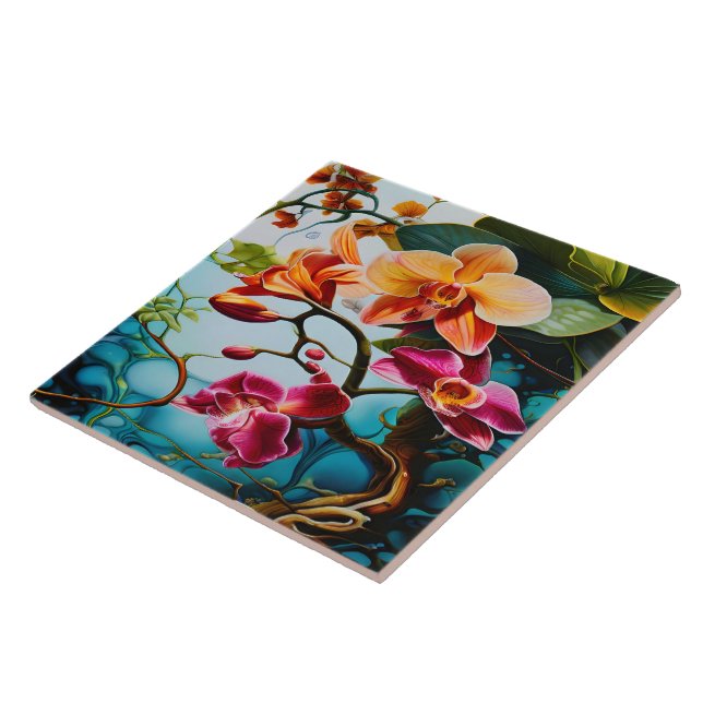 Vibrant Purple Orchids Against Colourful Backgroun Tile (Side)