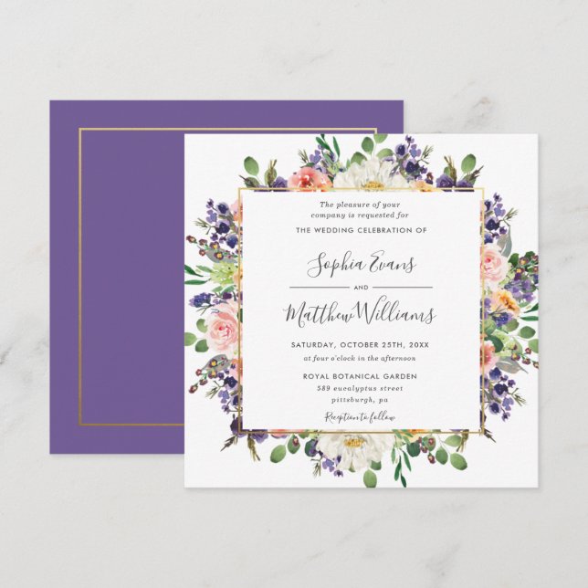 Vibrant Purple Peach White Blush Floral Wedding Invitation (Front/Back)