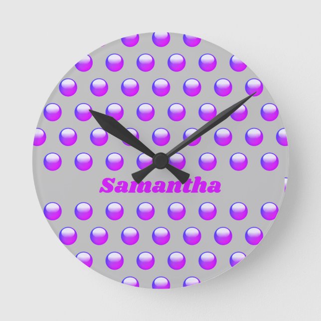 Vibrant Purple Polka Dot Pattern Geometric Modern Round Clock (Front)