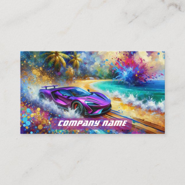 Vibrant Purple Sportscar on a Tropical Beach Business Card (Front)
