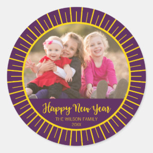 Vibrant Purple Starburst Happy New Year Photo Classic Round Sticker