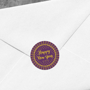 Vibrant Purple Starburst Script Happy New Year Classic Round Sticker