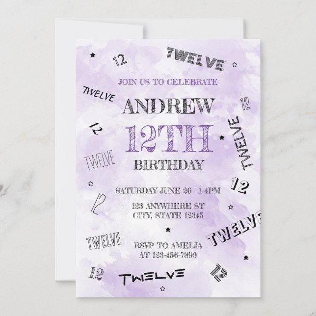 Vibrant Purple Watercolor 12th Numbers Birthday Invitation (Front)