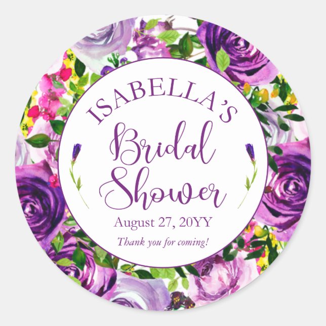 Vibrant Purple Watercolor Bouquet Bridal Shower  Classic Round Sticker (Front)