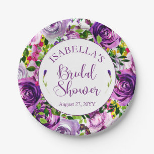 Vibrant Purple Watercolor Bouquet Bridal Shower Paper Plate