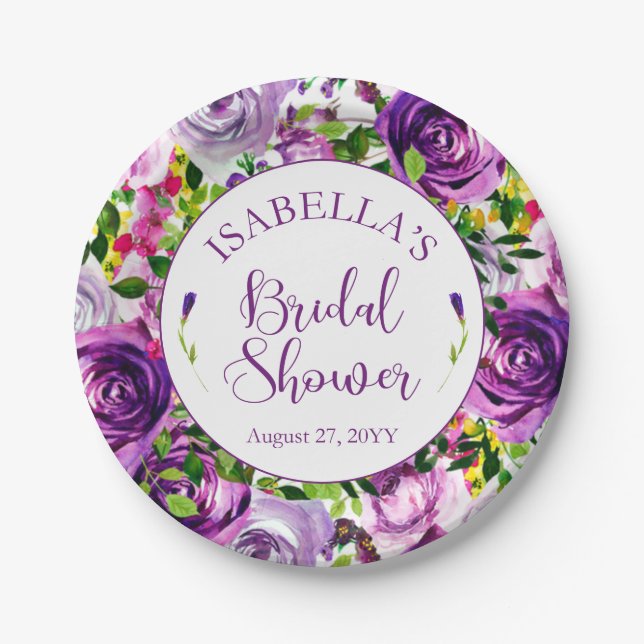 Vibrant Purple Watercolor Bouquet Bridal Shower  Paper Plate (Front)