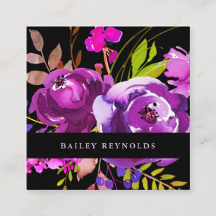 Vibrant Purple Watercolor Flowers on Black Square Business Card