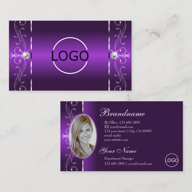 Vibrant Purple White Squiggled Jewels Logo & Photo Business Card (Front/Back)