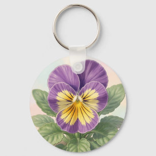 Vibrant Purple Yellow Pansy Flower Botanical  Key Ring