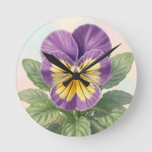 Vibrant Purple Yellow Pansy Flower Botanical Round Clock