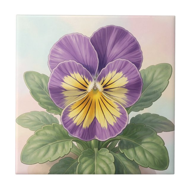 Vibrant Purple Yellow Pansy Flower Botanical  Tile (Front)