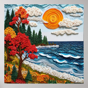Vibrant Quilling Landscape of Beach and Trees Poster