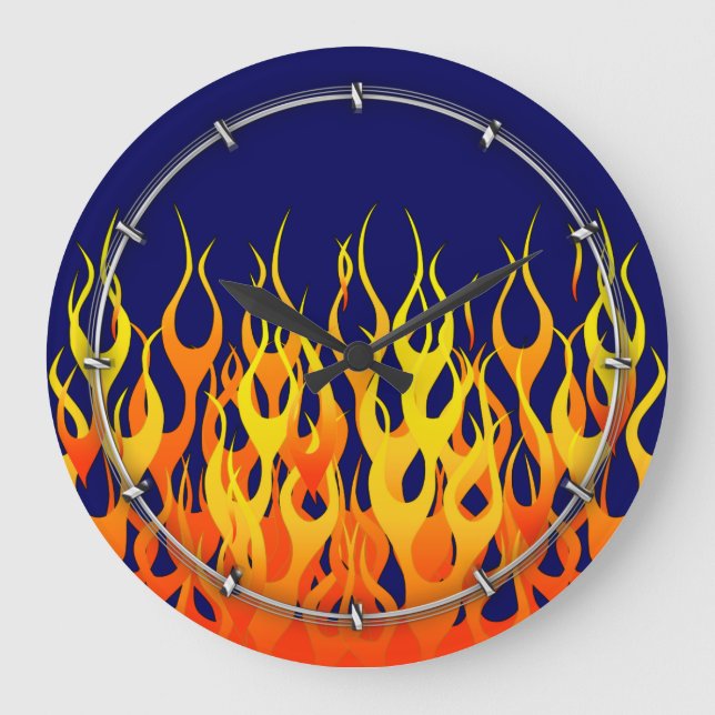 Vibrant Racing Flames on Navy Blue Large Clock (Front)