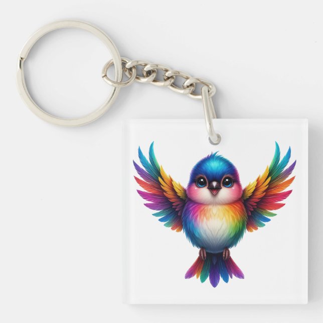 Vibrant Rainbow Bird Illustration Key Ring (Front)