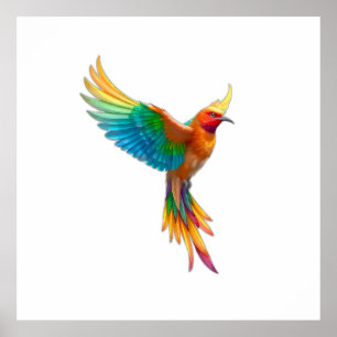 Vibrant Rainbow Bird in Flight Illustration Poster