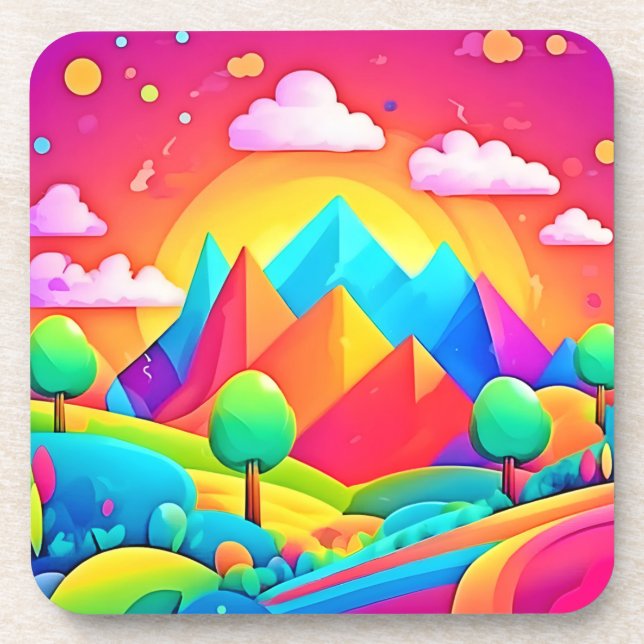 Vibrant Rainbow Cartoon Landscape Coaster (Front)