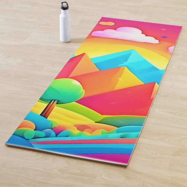 Vibrant Rainbow Cartoon Landscape Yoga Mat (In Situ)