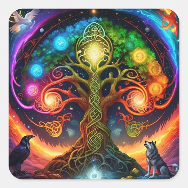 Vibrant Rainbow Celtic Tree with Wolves and Raven Square Sticker (Front)